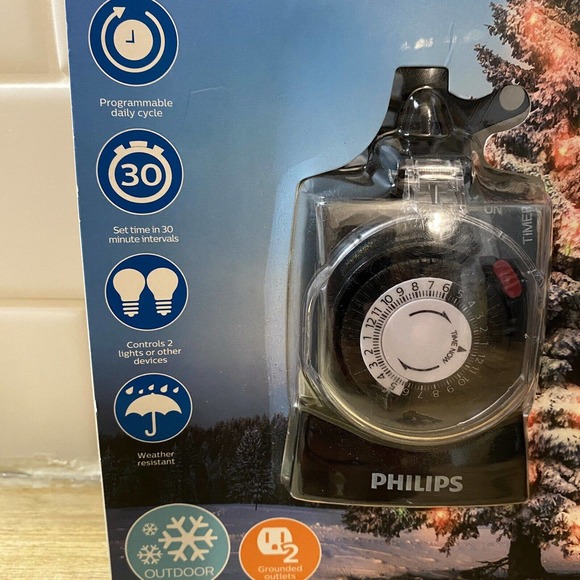 Philips On Off 2 Outlet HD Mechanical Timer Plug In Outdoor Grounded Christmas - Picture 3 of 4